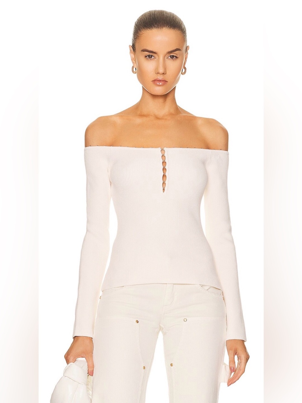 NWT HELMUT LANG Off The Shoulder Eyelet Top WInter White M